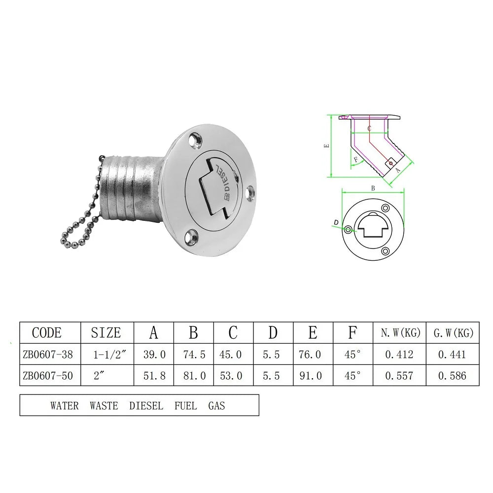 45 Degree Stainless Steel 316 Deck Filler Cap